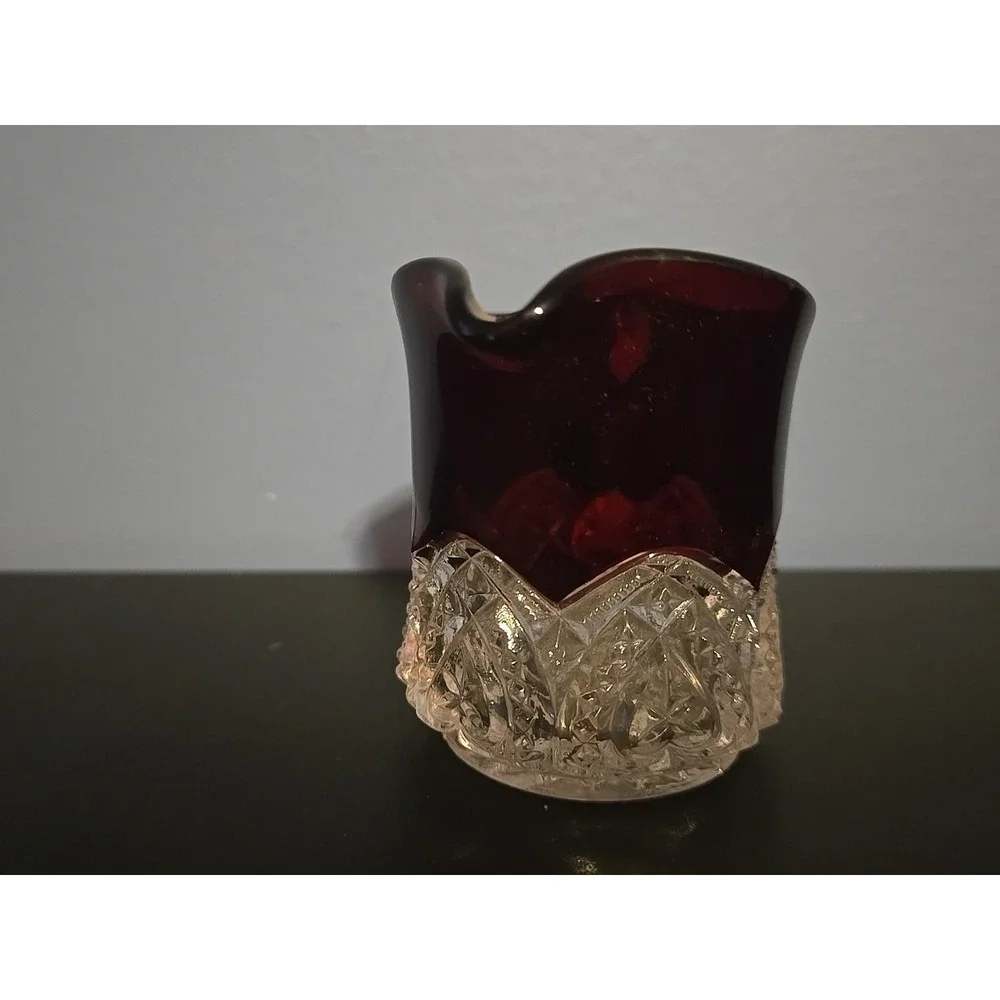 ANTIQUE EAPG GLASS CREAMER‎ RUBY DIAMOND FLASH RED TOP 2.5